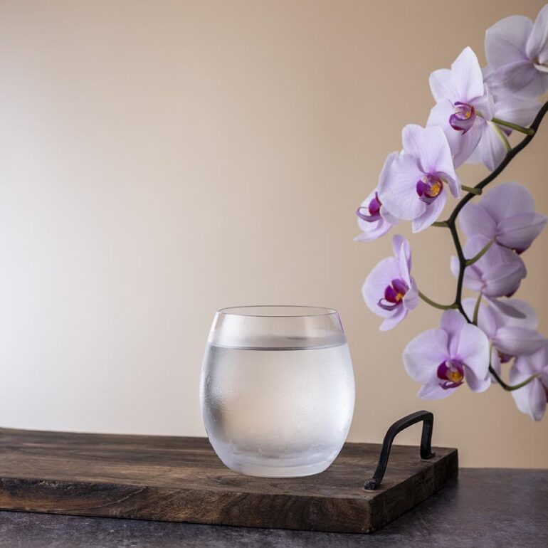Kozarec za gin ali viski z orhidejo, izdelan v Steklarni Rogaška, produktna fotografija